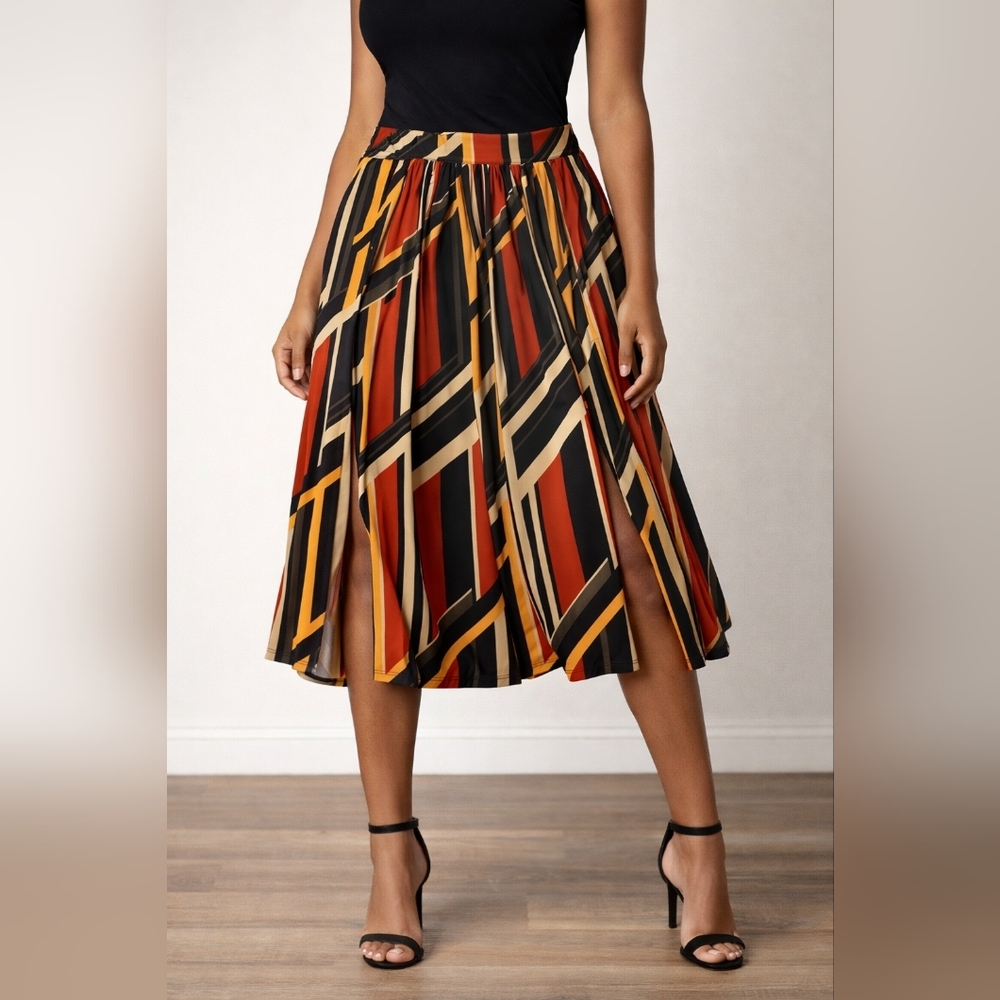 NYCC XL Geometric A-Line Midi‎ Skirt Front Slits Red Black Gold Stretch